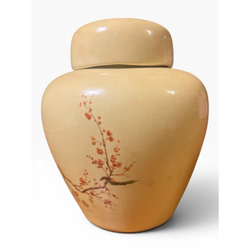 Vintage Hand Painted Ceramic‎ Ginger Jar Bird and Cherry Blossom Cream Apricot